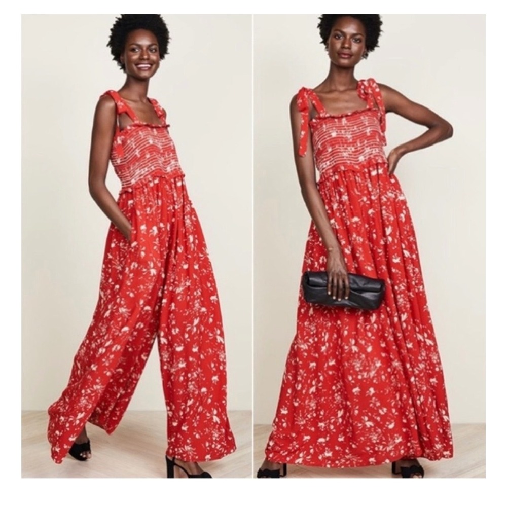 Free People Red Floral Smocked Wide Leg Jumpsuit Tie Shoulder Straps Medium